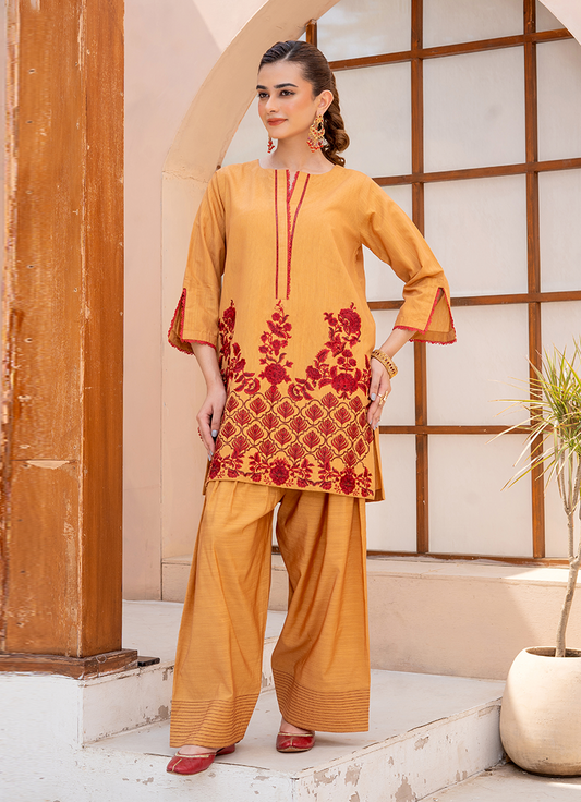 Mustard Red Stripe Embroidery 1 PC Shirt