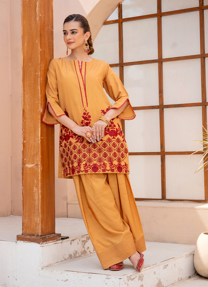 Mustard Red Stripe Embroidery 1 PC Shirt