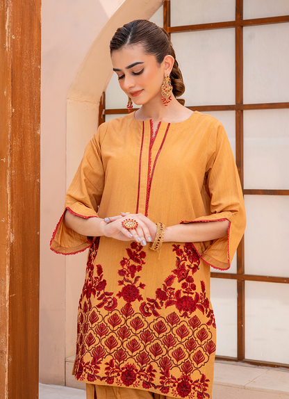 Mustard Red Stripe Embroidery 1 PC Shirt